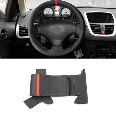 RHD Black+Red Leather Steering Wheel Panel DIY Cover For Peugeot 206 2007-2009 - Image 1 of 4