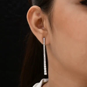 Bar Dangle Earrings 3.71 Ct Lab Grown CVD Round Diamond 10k White Solid Gold - Picture 1 of 6