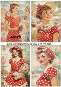 Vintage Women & Hats Retro Rockabilly Polka Dots 4 Card Topper Journal - Set 2 - Picture 1 of 2