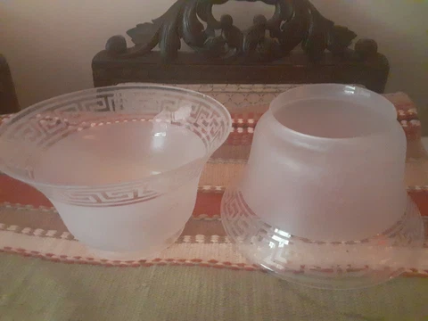 PAIR of VINTAGE GREEK KEY GAS LIGHT CLEAR GLASS KEROSENE LAMP GLOBES 7"W x4"D x4 Cover