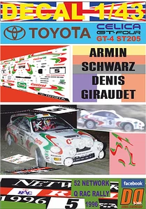 DECAL 1/43 TOYOTA CELICA ST205 ARMIN SCHWARZ RAC 1996 WINNER (02) - Picture 1 of 1