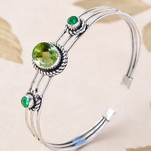 Facettierter Peridot & Diopsid Edelstein 925 Sterling Silber Handarbeit Armre... - Bild 1 von 6