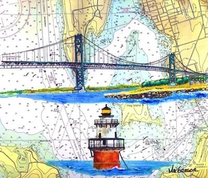 MT Hope Bridge Hog Island Shoal Lighthouse Art Print Bristol Portsmouth RI gift - Picture 1 of 2