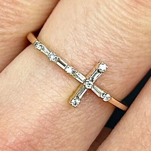 0.12CTW Natural Diamond 10K Yellow Gold Round Baguette Sideways Cross Ring - Picture 1 of 4