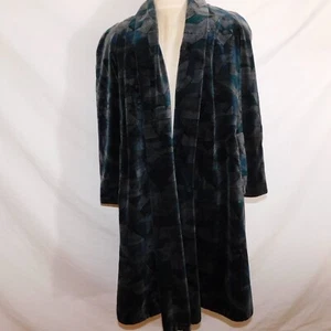 Vintage 80s Portrait Womens XL Blue Geometric Velvet Long Opera Coat Open Front - Picture 1 of 10