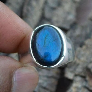 Solid 925 Sterling Silver Natural Blue Labradorite Gemstone Wedding Men's Ring - Picture 1 of 9