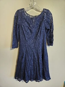 Slny Women's Navy Blue Sequined Lace Short Sleeve Midi A-Line Dress Size 12 - Picture 1 of 9