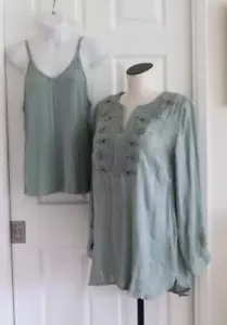Tunica lunga sciolta ricamata Boho Aqua 2 pezzi morbidi dintorni e tasche Cami M L - Foto 1 di 17
