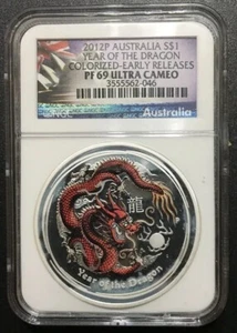 2012P $1 AUST. LUNAR 1 OZ SILVER YEAR OF THE DRAGON COLORIZED-PF 69 ULTRA CAMEO - Picture 1 of 2