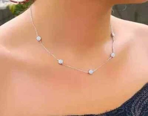 3Ct Round Lab Created Diamond Women's Station Necklace 14K White Gold Plated 18" - Picture 1 of 4