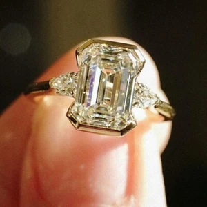 2.40TCW Emerald Moissanite Three Stone Engagement Ring In Solid 14k Yellow Gold - Picture 1 of 8