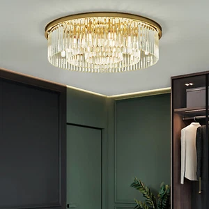 23,6" Modern Kristall Pendelleuchte E14 Runden Golden Bündig LED Deckenleuchte - Bild 1 von 12