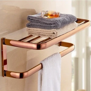 Rose Gold Brass Bathroom Square Wall Mounted Double Towel Rail Rack Towel Shelf - Picture 1 of 8