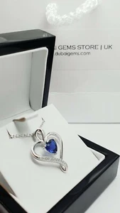 White gold finish sapphire heart pendant and created diamond chain necklace - Picture 1 of 8