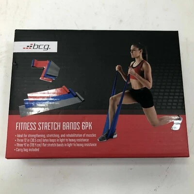 BCG Fitness Stretch Bands 6PK (3 -12" Latex Loops, 3 - 47" Flat Bands, Carry Bag