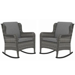 2 PCs Outdoor PE Rattan Rocking Chairs, Wicker Porch Rockers w/ Cushions, Gray - Picture 1 of 11