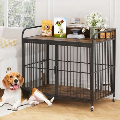 Heavy Duty Wooden Dog Crate Kennel Large Cage Furniture with Shelf and Wheels - Image 1 of 4