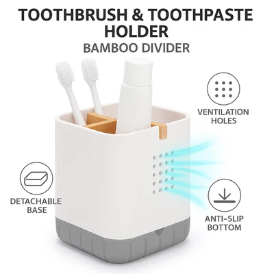 Soporte para pasta de dientes organizador de encimera de baño con divisor de bambú para cepillo de dientes Foto 1 de 4