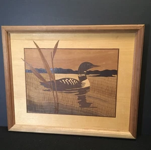 Hudson River Holzintarsien Common Loon Lake Cattail Intarsien Kunst 16x13 Jeff Nelson - Bild 1 von 8