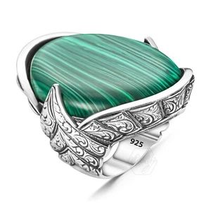 925 Sterling Silver Malachite Stone Engraved Design Handmade Huge Men's Ring - Picture 1 of 6
