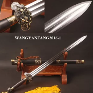 Auspicious Lion Chinese Jian Double Bo-hi High Carbon Steel Ebony Handmade Sword - Picture 1 of 12