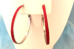 Pendientes de aro para mujer esmalte rojo plateado metal Appx. 2 1/2 pulgadas - Imagen 1 de 15