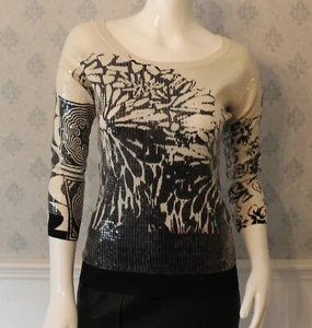 Etro Designer Black, White and Lavender Floral Sequin 3/4 Silk Sweater or Top - Picture 1 of 8