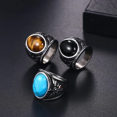 Anillo de piedra turquesa ojo de tigre cuerda de acero inoxidable banda de sello de motociclista talla 8 9-13 para hombre Foto 1 de 4