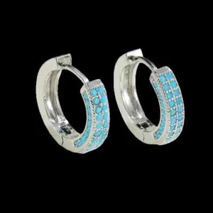 14k White Gold Plated Turquoise 3D Cluster Huggie 5/8''Earrings Gemstone - Picture 1 of 2