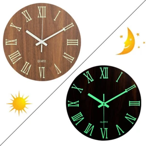 12" Glow In The Dark Wall Clock Wooden Bedroom Kitchen Clock Quartz Silent Sweep - Picture 1 of 31
