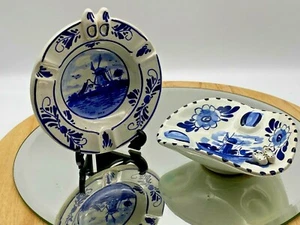 Two Vintage Blue White Porcelain Small Ashtrays Delft - Picture 1 of 12