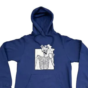 Skeleton Smiling Drinking Coffee Hoodie Blue Ring Spun SMALL Sweatshirt - Picture 1 of 8