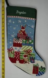 LANDS END Bunnies Presents Needlepoint Christmas Stocking Monogrammed BRYNLEE - Picture 1 of 4