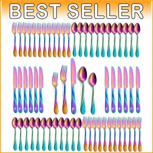 Complete Rainbow Cutlery Set for 12 - Comfortable, Modern, and Stain Resistant - Picture 1 of 8
