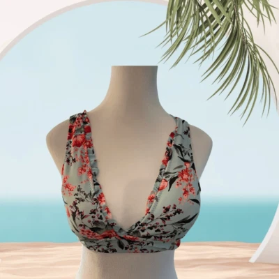 MOSSIMO BIKINI TOP IN GREEN WITH PINK FLOWERS, Small - Image 1 of 4