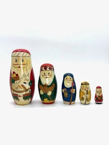 Vintage Weihnachten verschachtelte Puppen Holz Weihnachtsmann 5er Set russischer Stil Volkskunst 5,75 Zoll - Bild 1 von 11
