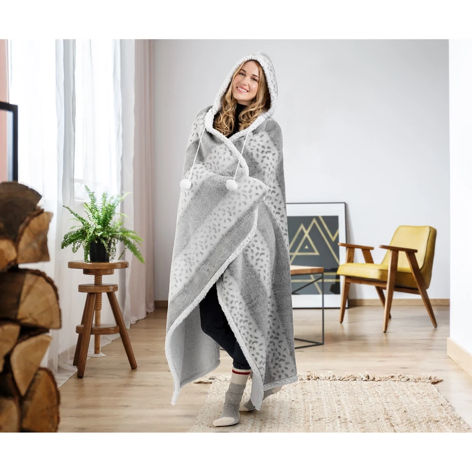Hooded throw wearable blanket faux rabbit fur hoodzy gray with sherpa inside - Image 1 of 1