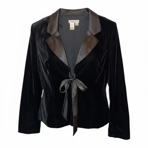 Blazer velluto glam Whimsigoth Vamp nero cravatta davanti raso bavero giacca taglia 16 Y2K - Foto 1 di 13