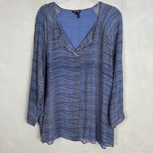 Nic+Zoe plus size 1X long sleeve blouse v-neck blue geometric lined - Picture 1 of 10
