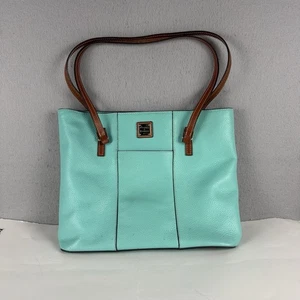Dooney Bourke Lexington Beuteltasche genarbtes Leder türkis blau braun Akzentriemen - Bild 1 von 12