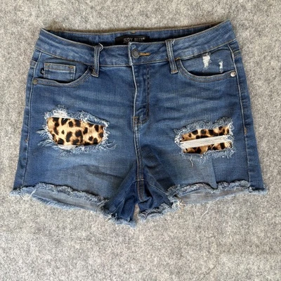 Pantalones Cortos Judy Azul Jean Mujer M Azul Denim Parche Leopardo Cintura Elástica Desgastada Foto 1 de 4