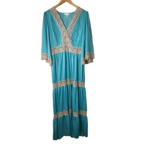 Venus Damen Maxikleid 10 blau Spitze Empire Taille Schlagärmel Stufen Boho 70er - Bild 1 von 12