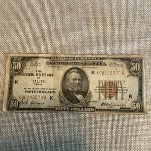 HIGH GRADE 1929 FEDERAL RESERVE BANK OF DALLAS TEXAS FIFTY DOLLAR NOTE NICE - Picture 1 of 2