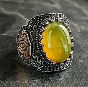 Men's Oval Yellow Amber Agate Gemstone Silver Ring , Silver 3 Petal Gonca Ring - Picture 1 of 8