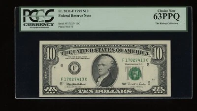 DBR 1995 $10 FRN Atlanta Fr. 2031-F PCGS 63 PPQ Serial F17027413C - Image 1 of 2