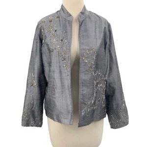 Chico's LS Open Front Lined Silk Cardigan/Jacket Gray Beaded Embroidered 1/Med - Picture 1 of 7