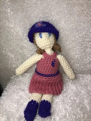 Chrochet Girl Lady 30’s 40’s Styled Purple Hat Cute 14” Total Length  Soft Plush - Image 1 of 4
