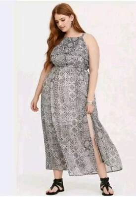 Torrid Black White Patterned Maxi Dress Lined Tie V-Neck Ruffle Sleeves Size 1  - Image 1 of 4