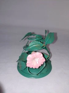 Wire Leaf And Flower spiral Candle Holder green and gold leaves pink flower - Picture 1 of 6