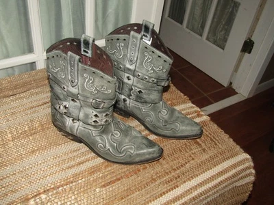 Botas Rockin Country Tachonadas Talla 9 M Cuero Gris Hebilla Occidental Envejecidas Foto 1 de 4